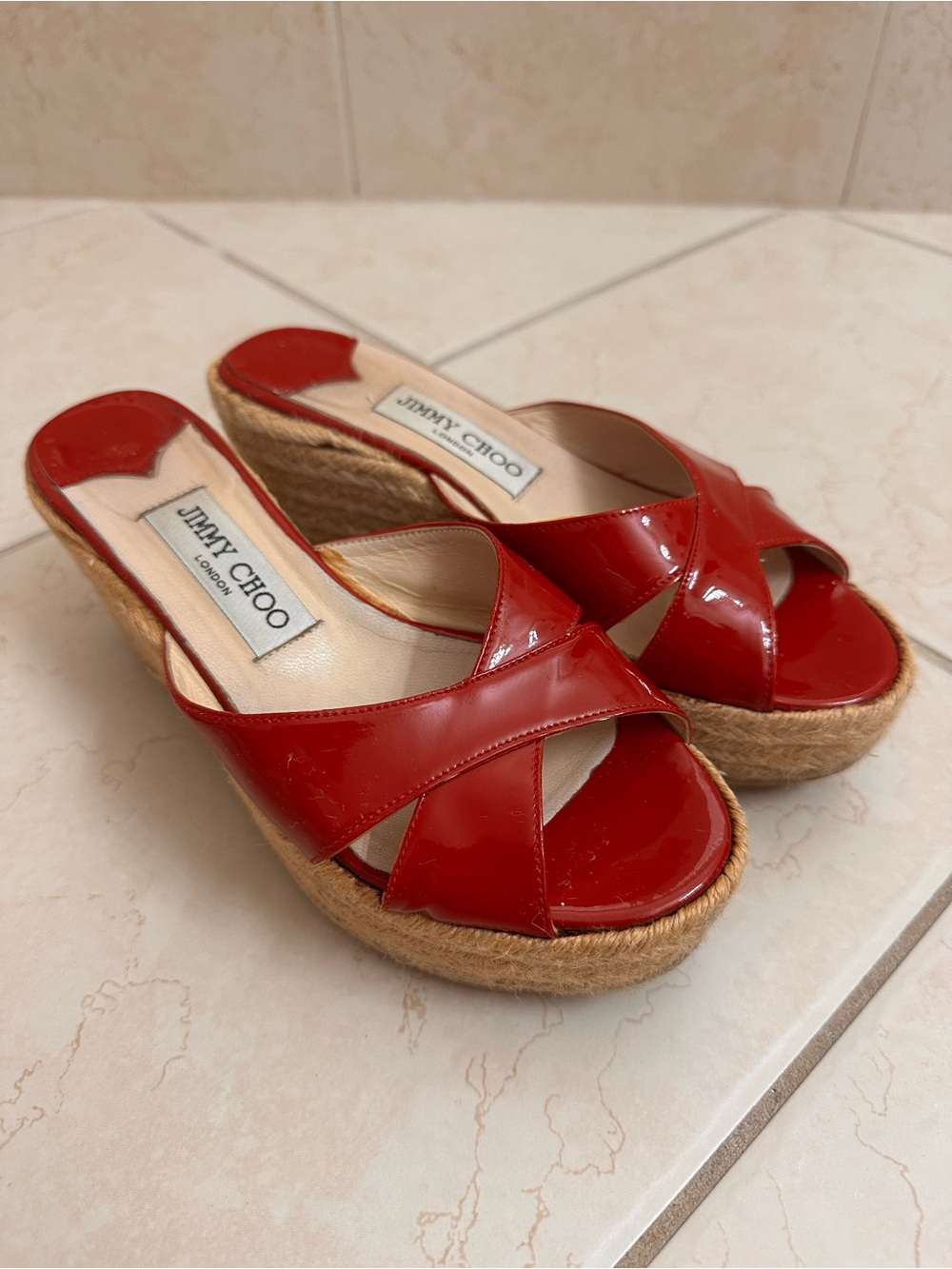 Jimmy Choo Red Patent Leather Espadrille Wedge Mules